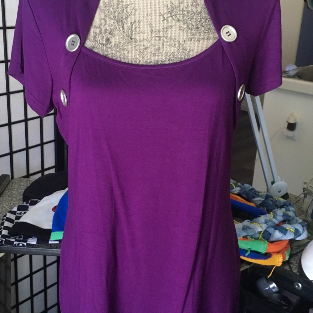 Women's Short-Sleeve Layered Purple Tee with Button Detail